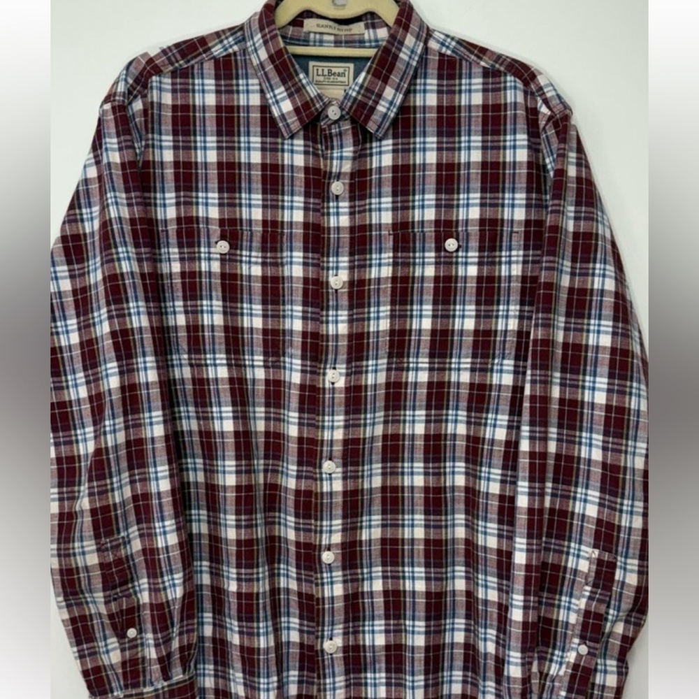 LL Bean Mens Large White Plaid Flannel Long Sleeve Shirt Slightly Fitted